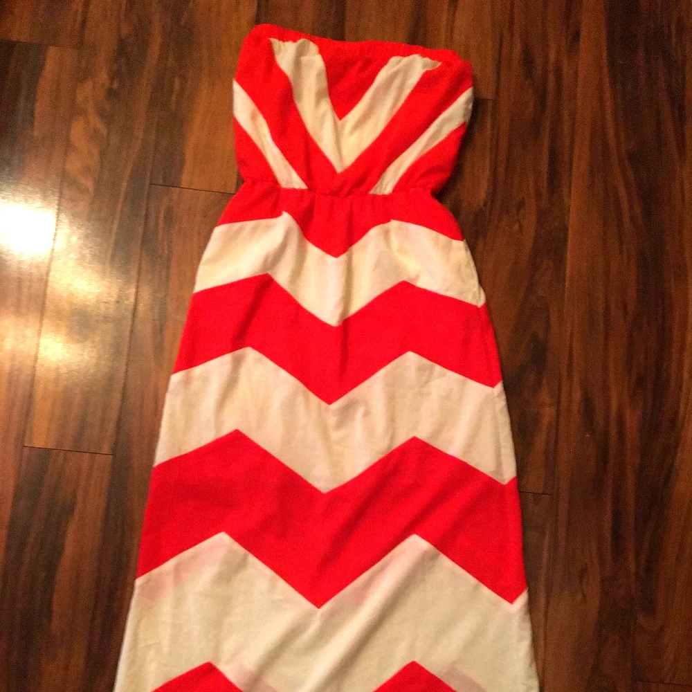 Marineblu Women's Strapless Maxi Orange & White Chevron Print Dress Sz. Small